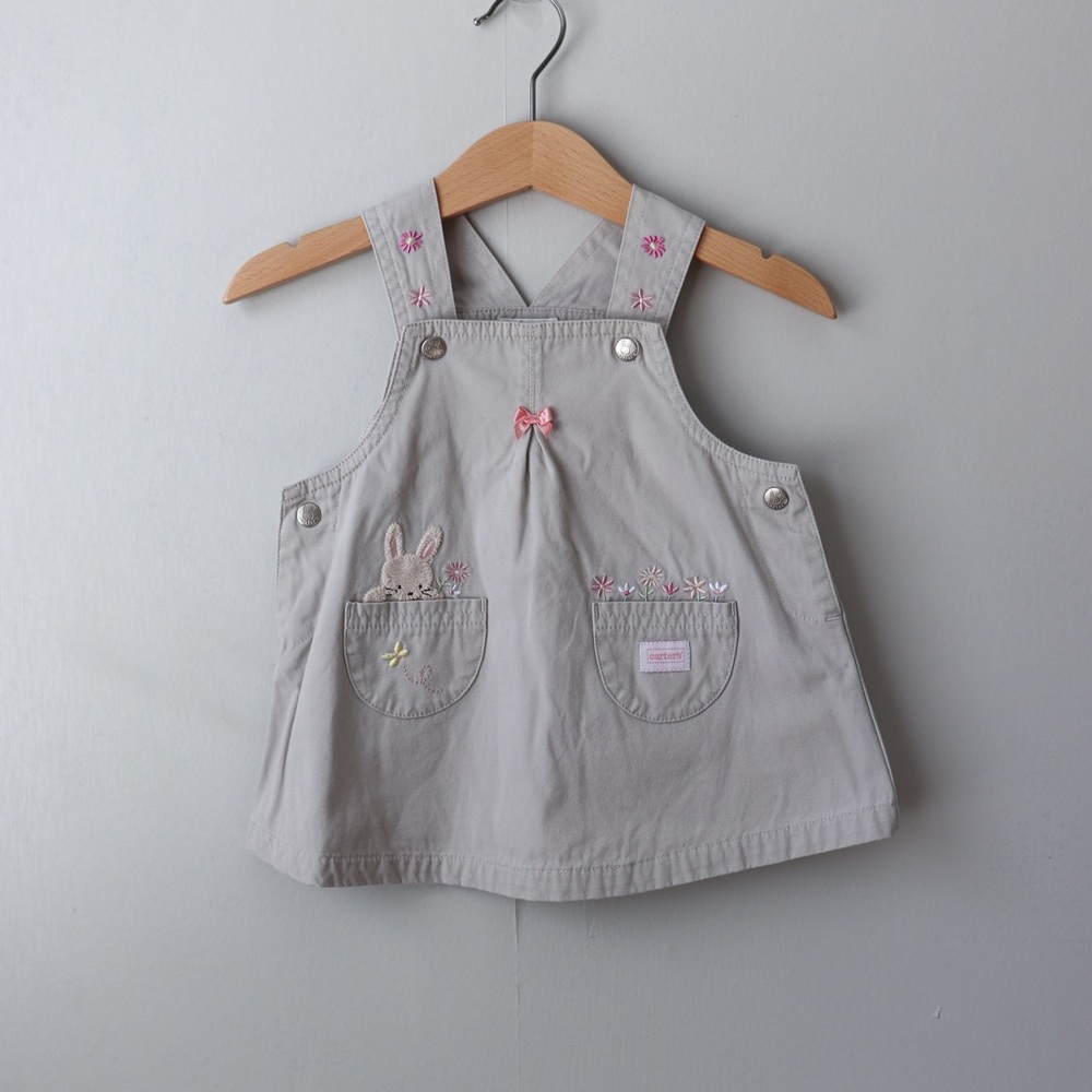 Y2K Carter's Embroidered Bunny Rabbit Khaki Overall Dress 3-6 Months